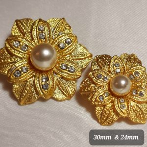 Diamante button , gold flower design with pearl insert (Limited)