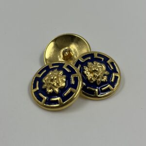 Blazer button, metal brass effect with lions head design and navy enamel