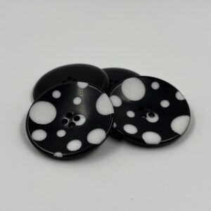 Coat button, resin disc shaped, black with white polka-dots, four hole, 30mm