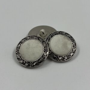 Coat Button, resin with silver effect floral wreath border and white/grey marbling centre